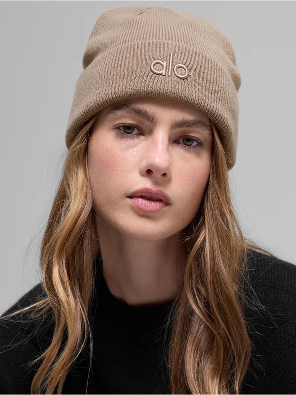 ALO Yoga Notable Tan Ribbed Beanie with Embroidered Logo Gravel Color